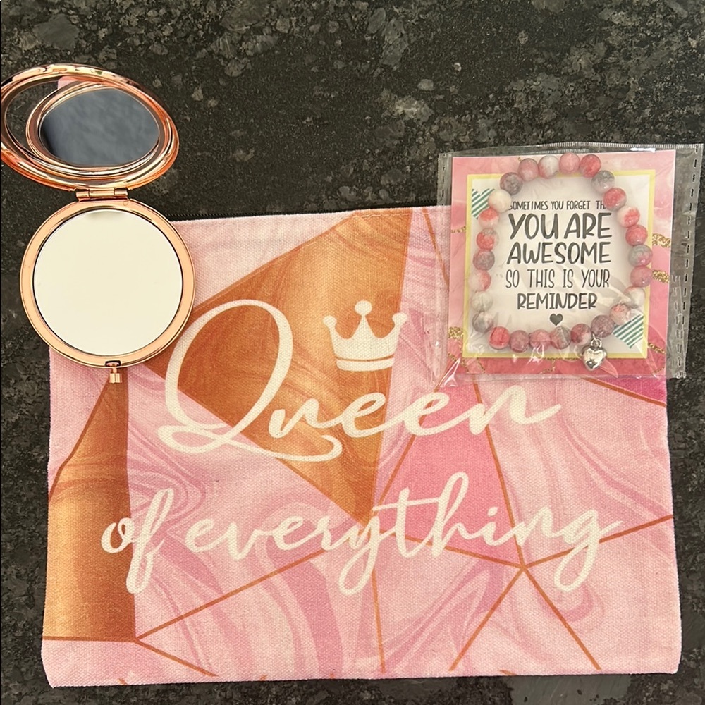 Pink and Gold Makeup Bag with Mirror